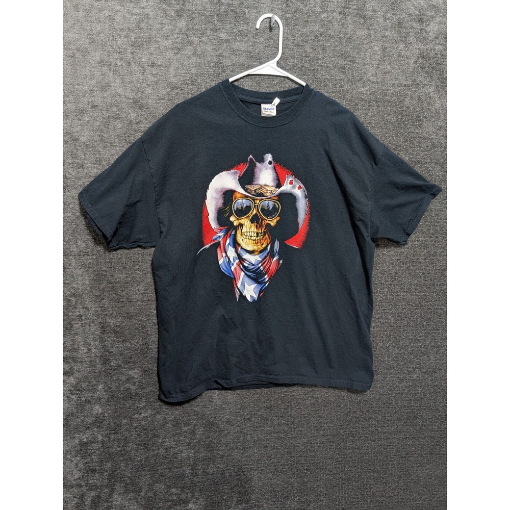 Gildan Ultra Cotton Skull‎ Cowboy Graphic T-Shirt Black Mens XL American Flag